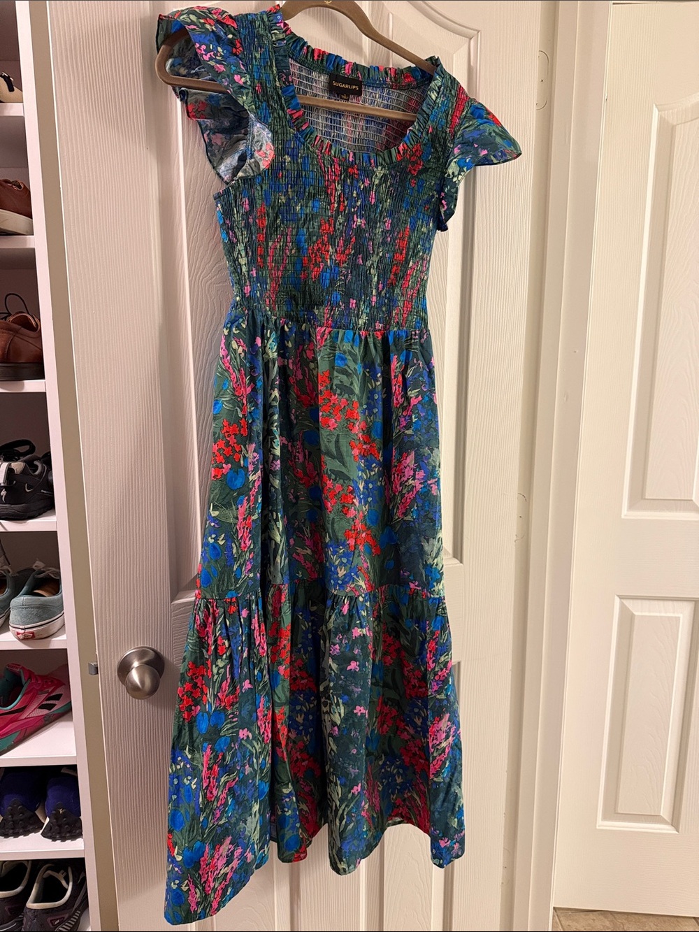 Sugarlips Green Floral Smocked Maxi Dress with Red & Blue Accents